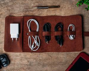 Real Leather Cable Organizer Vintage Cord Wrap Earphone Wire Management <b>Tech</b> Accessories Case Bulk Custom Logo LCO-0023 - Product Image 6