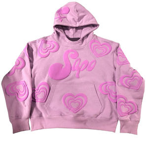 Sweat à capuche pour homme, poids lourd, 500 GSM |   Impression en relief motif cœur |   Sweat à capuche rose imprimé sur toute la surface |   OEM personnalisé - Product Image 1