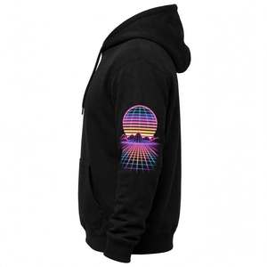 Sudadera con Capucha Personalizada con Estampado Gráfico de Palmeras al Atardecer, Estilo Vintage, Color Negro, Felpa, Algodón Grueso, Corte Holgado, 370g, para Hombre - Product Image 3