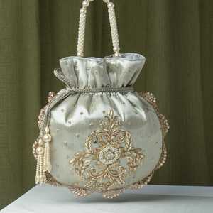 ALI FASHION ART Handmade Embroidered Synthetic Brocade Silk Round Wedding Floral Pearl Beaded Potli Purse - Product Image 3