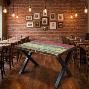 Meubles anciens industriels, table de salle à manger en bois massif, support en métal en forme de X, table d'étude, table de salle à manger pour hôtel et maison - Product Image 1