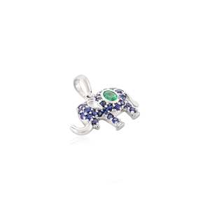 14K <b>Solid</b> White <b>Gold</b> Art Deco Elephant <b>Pendant</b> with Emerald and Blue Sapphire - Product Image 2