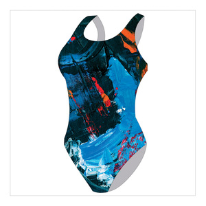 Traje de baño de una pieza para mujer, cuello halter, estampado asimétrico, spandex, poliéster, traje de baño elástico, patrón azul, naranja y rojo - Product Image 1