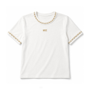 White Crewneck Tee Metallic Chain Trim Accent Detail Custom Logo Women's Shirts Premium Cotton Summer Short Sleeve Casual Blouse - Product Image 3