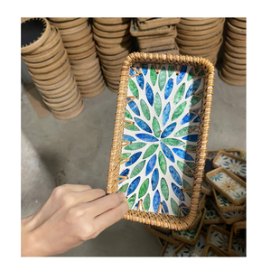 Handmade <b>Bamboo</b> Rectangular Tray With Green Leaf Pattern Bohemian Style Table Decoration - Product Image 3