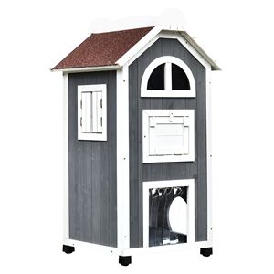 Casetta per Gatti a 3 Piani in Legno 43H, Condo per Gattini da Esterno, Motivo Grigio e Bianco, Tetto in Asfalto Rettangolare, Porte di Fuga, Scale, Grande Villa - Product Image 1