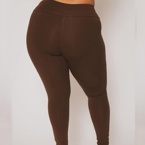 High Waisted Full Length Solid Brown <b>Leggings</b> Plus Size Stretch Knitted Spandex <b>Nylon</b> Women's Basic All Seasons Wear - Product Image 5