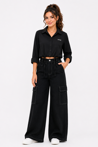 Button <b>Down</b> Crop Top Long Sleeve women's shirt Turn-<b>down</b> Collar Solid Color Casual Everyday Wear Cotton Fabric Customized Logo - Product Image 5