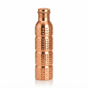 <b>Copper</b> Water Bottle with Hammered Texture Design <b>Screw</b> Cap Portable Reusable Flask for Travel Minimalist Style - Product Image 1