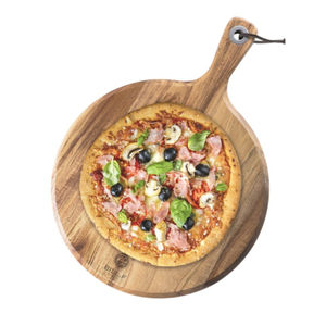 Planche à pizza ronde luxueuse en bois d'acacia naturel, grande, avec poignée, pour servir et couper, idéale pour la maison - Product Image 3
