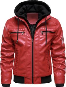 Men Red PU Leather Hooded Moto <b>Biker</b> <b>Jacket</b> Zipper Front Solid Color Winter Style Regular Sleeve Slim Fit Polyester Wadding - Product Image 6