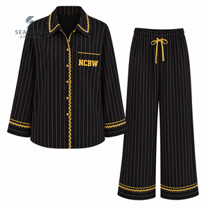 NCBW Sorority Women's Striped Pajama Set Button Front Long Sleeve Sleepwear Contrast Trim Lounge <b>PJs</b> With Drawstring Pants - Product Image 1