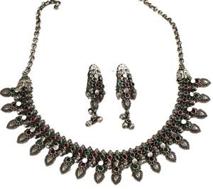 Conjunto de Joyería Étnica Bohemia para Boda: Collar y Pendientes de Ónix con Baño de Plata Antigua, Diseño de Bisel para Enamorados, Ideal para Compromiso - Product Image 1