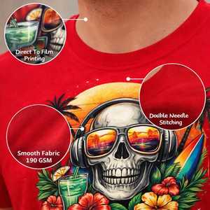 Camiseta de Manga Corta con Estampado Tropical de Calavera Roja para Hombre, Cuello Redondo, Informal, para Verano, con Estampado Digital, Tela Jersey - Product Image 2