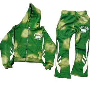 Ensemble de survêtement OEM 2026 personnalisé avec logo, effet délavé, comprenant un sweat à capuche zippé et un pantalon de survêtement évasé pour homme - Product Image 1