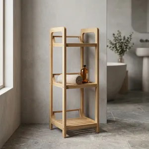 Étagère de rangement à 3 niveaux en bois de manguier, design minimaliste, organisateur gain de place pour salle de bain, cuisine, salon, porte-serviettes en bois - Product Image 3