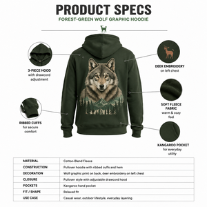 Sweat-shirt à capuche vert forêt en polaire douce, imprimé loup photoréaliste, motif nature et faune, personnalisé OEM, pour homme, idéal pour l'extérieur - Product Image 5