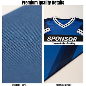 Maillot de football personnalisé pour homme, bleu, col en V, manches courtes, polyester respirant, uniforme pour adultes, toutes saisons, impression sublimée - Product Image 5
