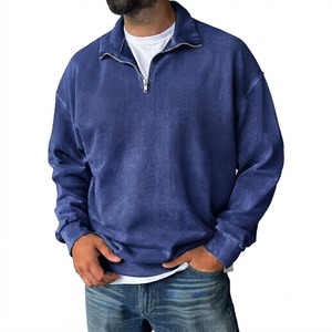 Sudadera de Hombre Azul Marino con Cierre de Cremallera, Corte Regular, Color Sólido, Algodón French Terry, Casual, Manga Larga, Cuello Camisero, Otoño - Product Image 1