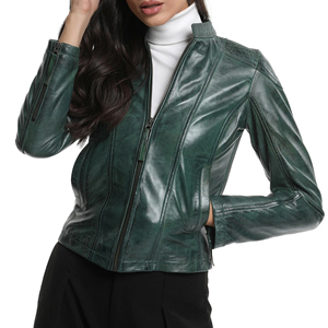 Chaqueta de Motociclista de Cuero Genuino para Mujer, Manga Larga, Cierre de Cremallera, Color Verde Sólido, Ropa de Abrigo Otoñal, Corte Regular - Product Image 3