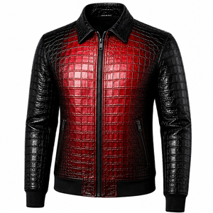 Veste en cuir pour homme à motif crocodile, rouge et noir, col chemise, coupe ajustée, en cuir véritable, vente en gros, OEM personnalisé - Product Image 1
