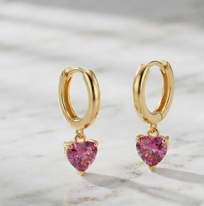Pendientes de Aro Colgantes de Plata de Ley 925 Bañados en Oro de 18K con Corazón de Circonita y Cristal Rosa para Mujer, Ideales para Fiestas y Bodas - Product Image 1