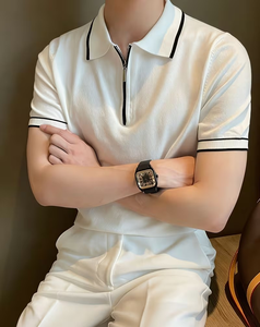 Men's Short Sleeve Solid Color Knitted Polyester/Cotton for Shirt Breathable Casual Regular Fit 180g White Black Trim Collar - Product Image 1