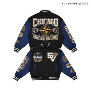 Brooklyn Warlines Varsity <b>Jacket</b> Men <b>Red</b> Navy Embroidered Patch Design O-Neck Collar <b>Waterproof</b> Breathable 100% Wool Thick - Product Image 4