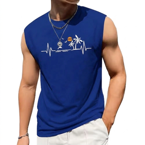 RexFit Sports Trending Men's Gray Sleeveless Tank Top Palm <b>Tree</b> Heartbeat Print O-Neck Casual Breathable Polyester Muscle Shirt - Product Image 2
