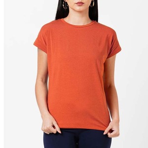 Camiseta de Manga Corta para Mujer, Cuello Redondo, 100% Algodón, Color Naranja, Tejido Transpirable, Corte Casual, Largo Regular, Color Sólido - Product Image 4