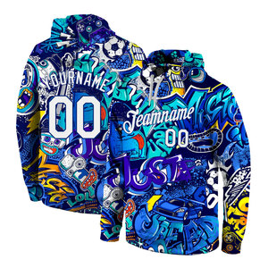 Sweat-shirt à capuche sportif 3D blanc royal avec motif graffiti brodé sur mesure, style streetwear urbain, broderie premium - Product Image 1