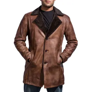 Men Winter Premium Fashionable Brown Fur Long Coat Custom Shearling Design Hand Buffed Soft Sheepskin Genuine Distressed Leather