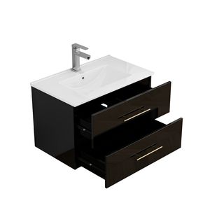 Mobile Bagno Sospeso Nero Lucido da 30 Pollici con Doppio Cassetto, Installazione Facile, Lavabo in Ceramica, Maniglia Lunga in Metallo - Product Image 5