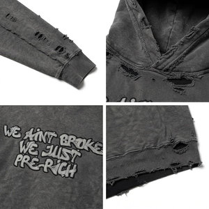 Sweat-shirt à capuche tendance pour homme, design hivernal chaud, gris déchiré, streetwear hip-hop imprimé, coton French Terry, automne - Product Image 6