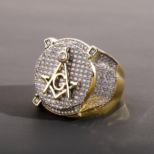<b>Mens</b> 18K Gold Plated Diamond <b>Ring</b> Round Brilliant Cut Hiphop Style Masonic Symbol Design Everyday Wear - Product Image 1
