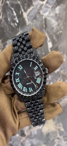 Full Iced Out Black Diamond <b>Watch</b> Round Luxury Date Display Wristwatch with Luminous Roman Numerals Hip Hop Bling Jewelry - Product Image 2