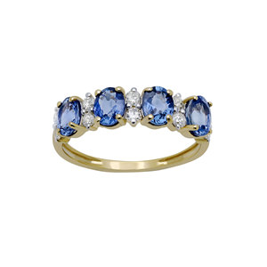 Bague en or jaune 14 carats avec saphir bleu naturel et diamants pour femme |   Bijoux en pierres précieuses de coupe ovale, vente en gros, OEM, ODM - Product Image 1