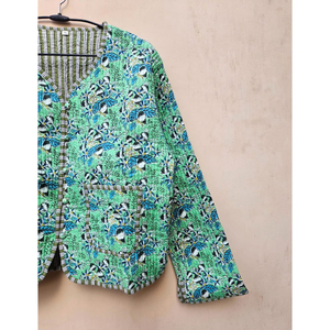 เสื้อแจ็คเก็ตผ้าฝ้ายธรรมชาติพิมพ์ลายดอกไม้สไตล์โบโฮแบบทำมือ เป็นมิตรกับสิ่งแวดล้อม ระบายอากาศได้ดี แบบสองด้าน  ลายทางสั้น - Product Image 3