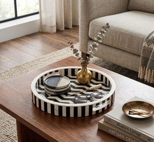 Handmade Bone Inlay Tray, Round Floral Serving Tray, Decorative <b>Table</b> Organizer, Housewarming Gift - Product Image 6