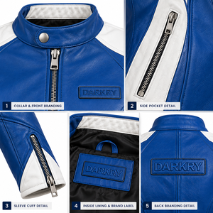 Royal Blue Leather <b>Jacket</b> <b>Womens</b> White Side Accent Snap Collar Biker Slim Fit Zip Cuff Custom Racing Track Outerwear Coat Tops - Product Image 6