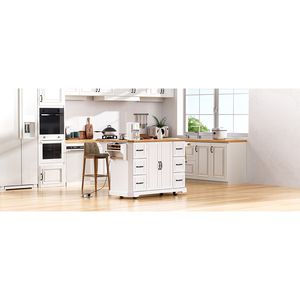 Isola da Cucina K K da 56 Pollici con 4 Ripiani, Presa di Corrente, Strisce Verticali in Rilievo, Piano Ribaltabile in Impiallacciatura di Legno di Gomma - Product Image 2