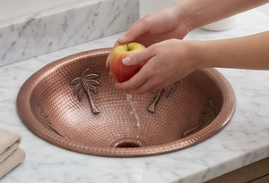 Évier en cuivre fait main, rond, à cuve unique, design palmier tropical, finition mate, installation sur plan. - Product Image 4