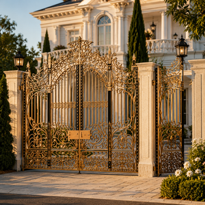 Puerta de villa de hierro forjado dorado de lujo con adornos ornamentados para entrada de casa, granja o mansión, puerta principal decorativa de metal. - Product Image 1