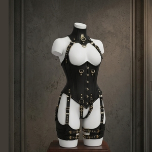 Women's Custom Black Leather <b>Corset</b> Waist Cincher Zipper Closure Adjustable Straps Buckle Harness Thigh Garters-<b>Gothic</b> Steampunk - Product Image 2