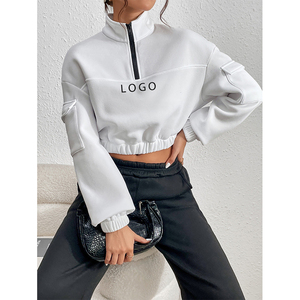 Sweat-shirt court blanc à demi-zip avec logo imprimé, poche avant, manches classiques, coupe ample, style décontracté, idéal pour l'automne - Product Image 5