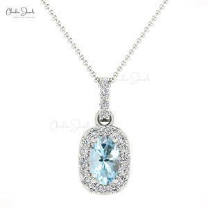 Oem & Odm Supplier Natural 7x5mm Oval Shape Aquamarine <b>Pendant</b> 14k <b>Solid</b> <b>Gold</b> Diamond Halo Necklace Fast Shipping Jewelry - Product Image 2