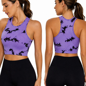 Women's Shirts Lavender Black Abstract Print Ribbed Racerback Crop Tank <b>Top</b> Seamless Sleeveless Yoga Vest for Boutique Fitness - Product Image 4
