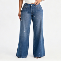 Pantalon en jean taille haute à jambe large, bleu délavé moyen, coupe ample, longueur intégrale, en coton, style décontracté, fermeture boutonnée, motif à pois perlés
