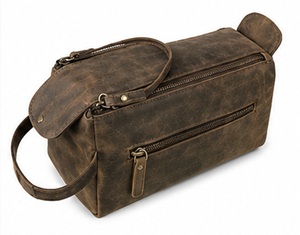 Gravs Premium Genuine Leather Vintage Travel <b>Bag</b> Zipper Hanging Logo Large Capacity Eco-Friendly Soft Handle Dopp <b>Kit</b> Cosmetic - Product Image 5