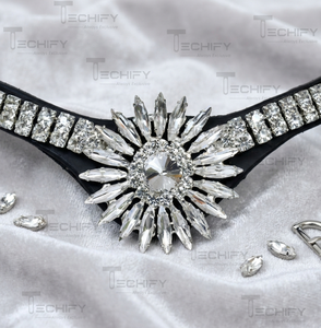 Frontal de boulangerie en cuir noir pour cheval, avec centre en strass transparents motif tournesol - Product Image 3